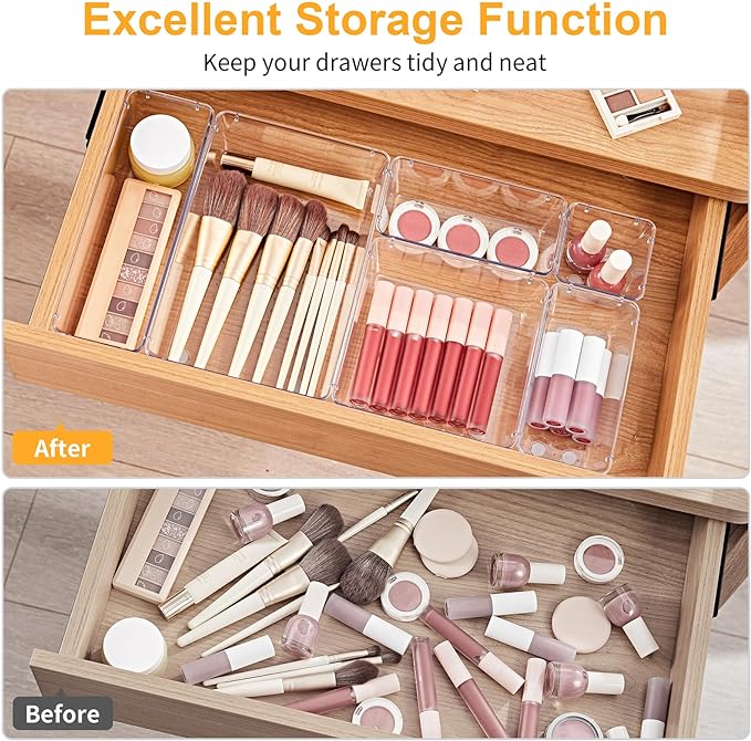 SMARTAKE 13-Piece Drawer Organizers with Non-Slip Silicone Pads, 5-Size | Clear Desk Bathroom Drawer Organizer Trays Storage Tray for Makeup, Jewelry, Utensils in Bedroom Dresser, Office and Kitchen
