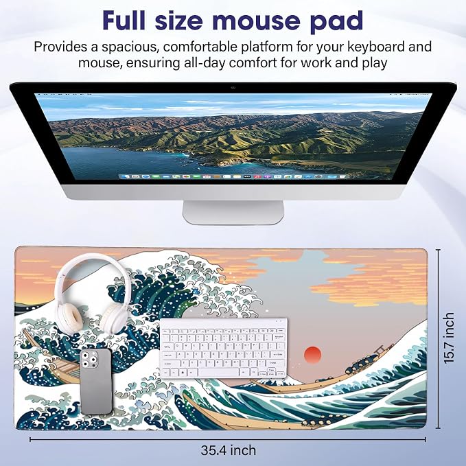 Large Extended Mouse Pad with Stitched Edges 35.4"x15.7" - Waterproof Desk Mat, Non-Slip Rubber Base for All-Desk Coverage, Perfect for Gaming Office Home, Sun Wave