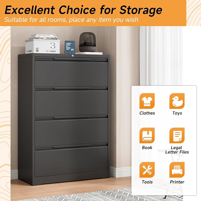 Bestoo 4 Drawer File Cabinet, Metal Lateral Filing Cabinet with Lock | Lockable Drawers, Large Storage Capacity, Heavy Duty Build, Smooth & Quiet Slides, Suitable for Letter/Legal/F4/A4 Size