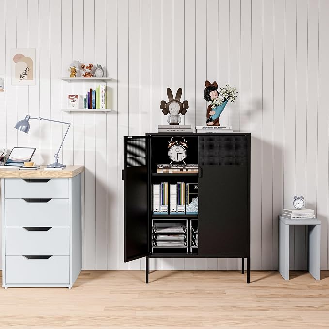 Washsemba 2 Mesh Door Metal Storage Cabinet with Adjustable Shelves, Multipurpose Black Storage Cabinet, 3-Tier Office Cabinet,Metal Storage Cabinet for Office Home,Hallway(Black, 47''H)