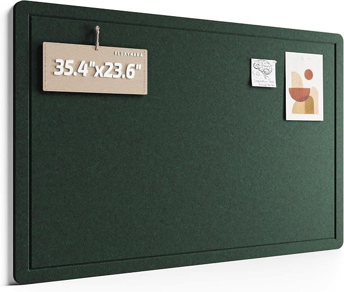 Fluxynara 35.4" x 23.6" Bulletin Board, Pine Green | Cork Board Alternative with 12 Removable Adhesive Tabs, Foldable Felt Pin Board for Home, Office, Classroom & Dorm