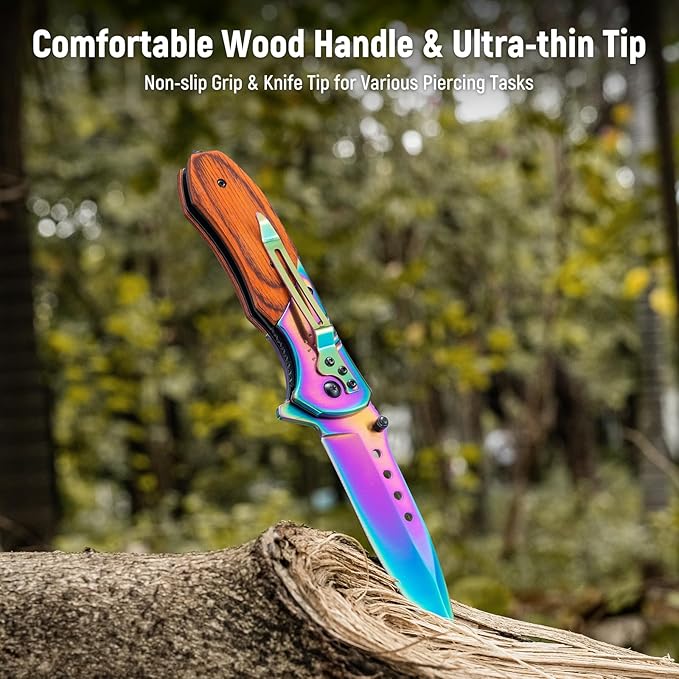 Pocket Knife for Men - Sharp Blade Wood Handle Pocket Folding Knives with Clip, Glass Breaker - EDC Knives for Survival Camping Fishing Hiking Women, Large, Rainbow