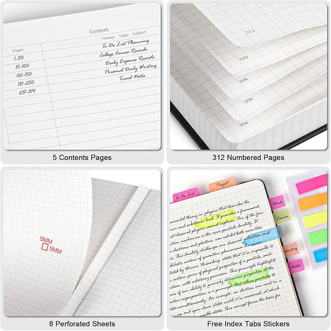 5 Pack Graph Paper Notebook Bulk, A5, 312 Numbered Pages Grid Journal Set | Cost-Effective 5 Pack 1600 Pages, 100gsm No Bleed Paper, Leather Hardcover, Lay-Flat, for Math, Engineering, Technical Notes