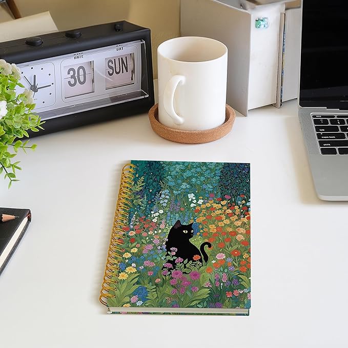 Wildflower Black Cat Spiral Notebook, Black Cat Gifts Journal, Cats Lovers Mom Lady Gifts Journal Notebook, 5.5x8.3 Inch