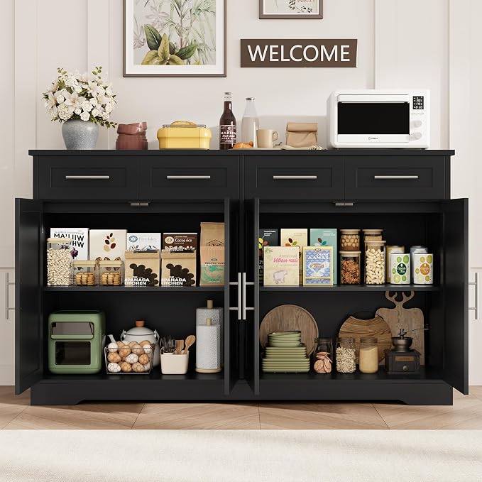 HOSTACK 60" W Sideboard Buffet Cabinet with Storage, Kitchen Cabinet, Black | 36 Tall Kitchen Buffet Storage Cabinet with 4 Drawer, Large Coffee Bar Cabinet, Modern Buffet Table for Dining Living Room