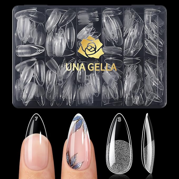 UNA GELLA Medium Almond Nail Tips, Almond Gel Nail Tips, 240pcs Pre Etched Soft Gel Full Cover Press on Clear Acrylic Fake Nails for Nails Extensions No C Curve DIY Salon at Home 12 Sizes
