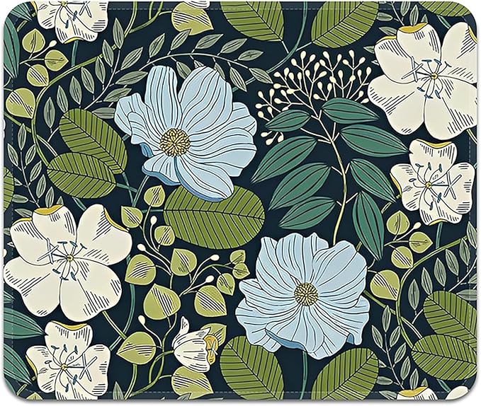 Mouse Pad with Stitched Edges - Cute Floral Mousepad for Women, 9.25 x 7.75 inch Washable Square Desk Pad, Non-Slip Rubber Base, Office Home Laptop Accessories - Olive Floral