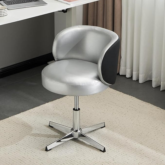 VINGLI Cute Small Swivel Desk Chair Comfy no Wheels,Ergonomic Low-Back Lumbar Support Vanity Nail Tech Computer Task Stool Chair for Home Office,Height Adjustable,PU Leather Silver&Suede Black