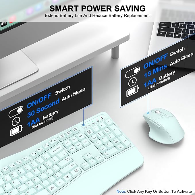 Wireless Keyboard and Mouse Combo, 2.4G Ergonomic Wave Key(Mint Green) | Full Size Wave Keyboard with Wrist Rest, 3-Level DPI Adjustable Ergonomic Mouse for Windows and Mac OS Desktop/Laptop/PC