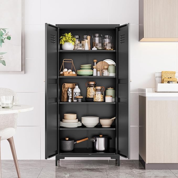 Metal Storage Cabinet with Doors and Shelves,Black Storage Cabinet with Leg,Metal Pantry Cabinets,Ventilated Pantry Closet,Tall Large Cupboard for Home,Kitchen,Dining/Living/Laundry Room