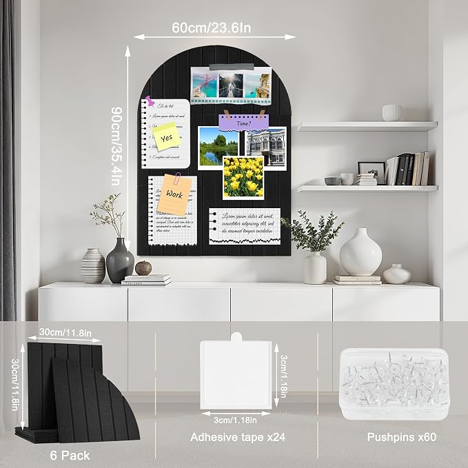Large Arched Felt Bulletin Board-35 × 24" Stylish Black Cork Board | 6 Pieces Adhesive Panels with 60 Pins for Displaying Photos,Notes Alternative for Office and Home Wall Decor