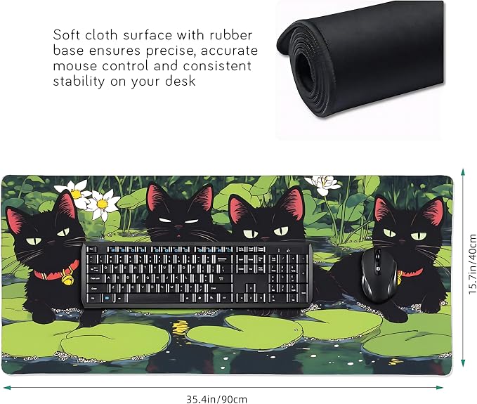 Cute Anime Black Cat Gaming Mouse Pad, Forest Green Anime Desk Mat with Anti-Slip Base & Stitched Edges, Office & Home Desk Decor for Women, 35.4" x 15.7" in Computer Desktop Mat