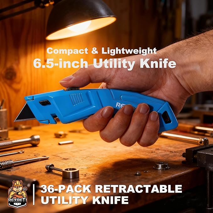 REXBETI 36 Pack Utility Knife Retractable Box Cutter, 4 Color Heavy Duty Aluminum Shell Knife Sets with Extra 30pc SK2 Blades for Cartons, Cardboard and Boxes
