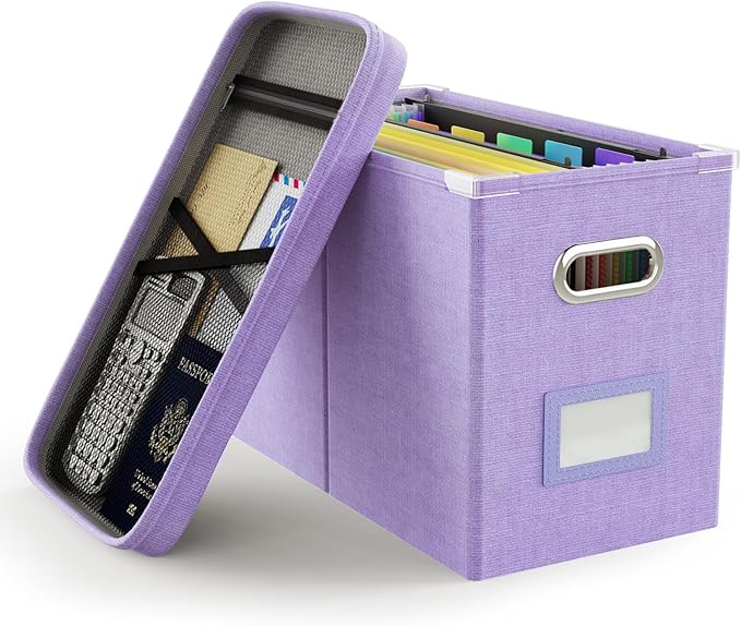 File Organizer Box with Lid, Hanging Filing File Box with Mesh Pocket, Document Organizer Box for Letter Files, Portable Storage Box with Smooth Sliding Rail for Office&Home (1 PCS, Lavender)