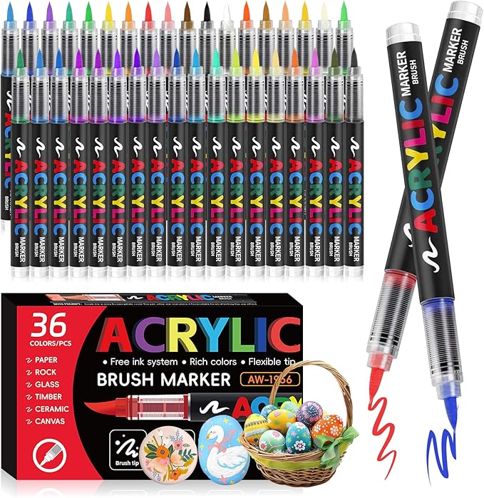 Acrylic Markers Set,36 Colors Acrylic Paint Markers Brush Tip,Vibrant Acrylic Paint Pens for Wood,Paper,Plastic,Glass,Fabric,Automatic Ink Control marcadores acrílicos (36 Colors)