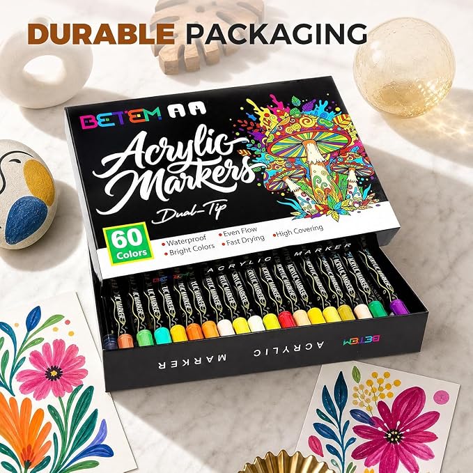 Betem 60 Colors Dual Tip Acrylic Paint Markers, Fabric Decorating Kits | Premium Water-Based Acrylic Paint Pens Art Supplies for Fabric, Rock, Wood, Glass, Canvas, Ceramic, Teacher Appreciation Gift