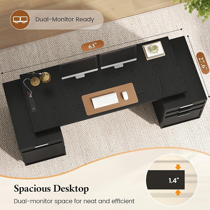 80.6" Executive Desk with Power Outlet and File Drawer, Modern Home Office Desk with 3 Large Cabinets and Privacy Panel, Business Furniture for Home Office, Living Room, Black