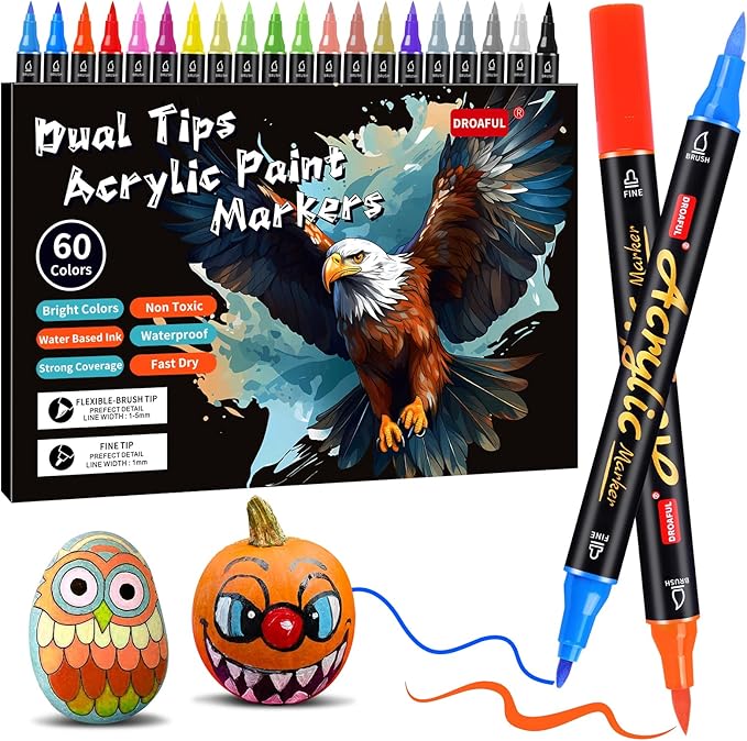 Acrylic Paint Pens Markers, 60 Colors Dual Tips Waterproof Paint Markers For Rock Painting, Fabric, Metal, Glass, Wood, Canvas, Ceramic, Plastic, Non-Toxic & Odor, Premium Art And DIY Craft Supplies