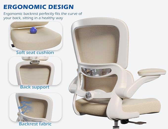 TRALT Ergonomic Office Chair Desk Chair with Adjustable Lumbar Support | Desk Chair Comfy with Flip-up Armrests Ergonomic Chair - Mesh Computer Chairs for Adults, 330lbs, PU Leather (Beige, 1)