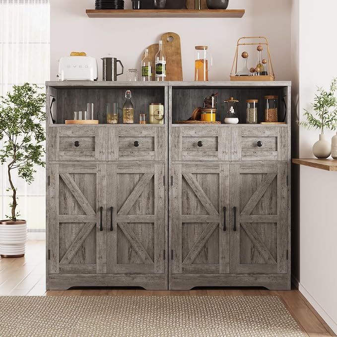 Farmhouse Storage Cabinet with Drawers, Small Kitchen Pantry Cabinet, Gray | Accent Coffee Bar Cabinet Cupboard, 2 Drawers, 2 Barn Doors & Adjustable Shelves, for Kitchen/Entryway/Living Room/Bathroom