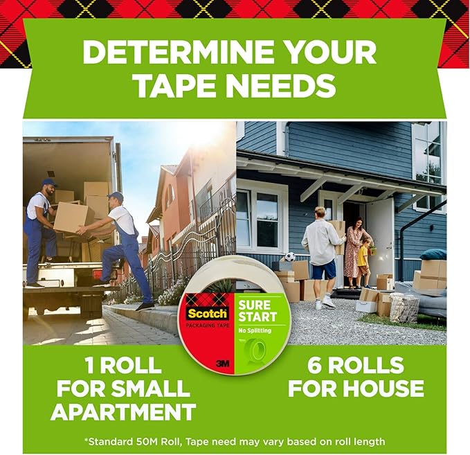 Scotch Sure Start Moving Packaging Tape, 1.88 in x 54.6 yd, 6 Rolls of Packing Tape