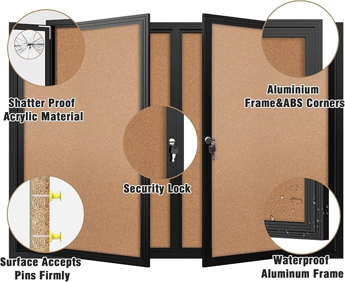 Mifuro 48"x34" Enclosed Bulletin Board, Outdoor Lockable Weather-Resistant Aluminum Cork Noticeboard for School & Office, Black Frame w/Cork
