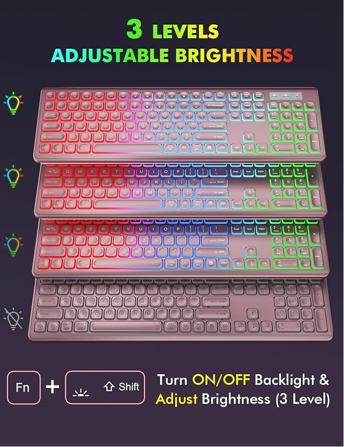 Wireless Keyboard and Mouse Combo, RGB Backlit, Trueque KM42Pro | RGB Rainbow Backlit, Rechargeable Keyboard Mouse, Sleep Mode, 2.4GHz Wireless, Silent Soft Typing, USB-C Adapter