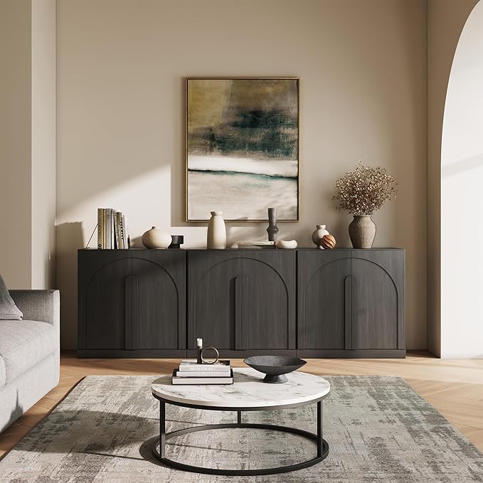 BELLEZE 3-Piece Modular Bookshelf Set, 94" Modern Display Bookcase with Arched Wood Doors, 2-Tier Storage Cabinet with Adjustable Shelves for Living Room Office Entryway (Ebony)