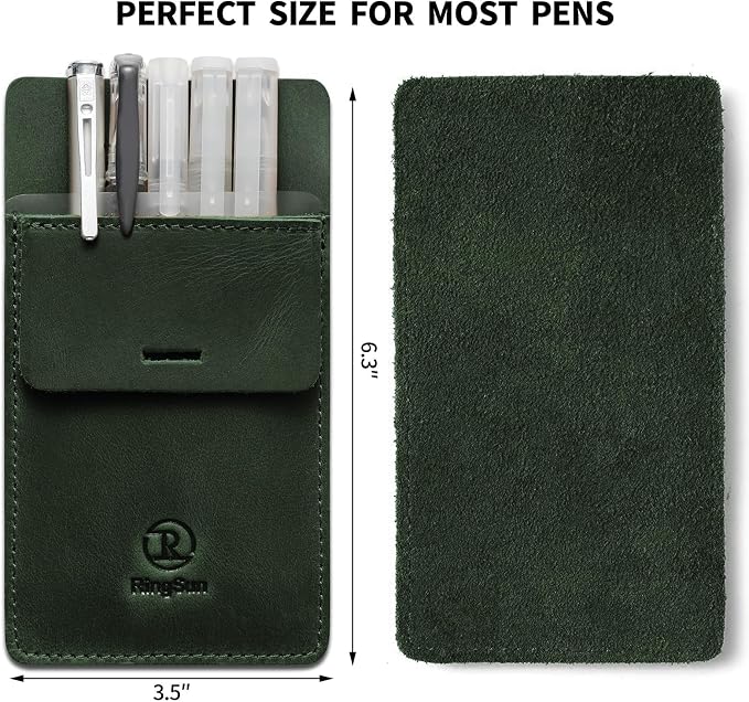 Pocket Protector for Men, Full Grain Leather Pen Protect Holder for Heavy Duty Shirts, Lab Coats, Holds Pens, Pointers, Cards, Hold 8 Pens and Pencils, Green