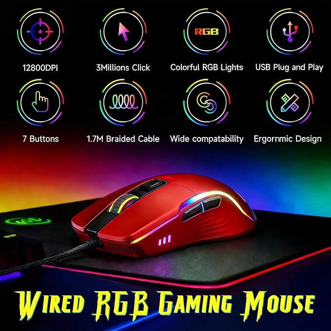 memzuoix Wired Gaming Mouse with RGB - 6 Adjustable DPI up to 12800, 6 Buttons, 12 Lighting Modes, Ergonomic Design with Anti-Slip Rubber Wheel, 5.6ft Braided Cable for PC/Mac/Windows - Red