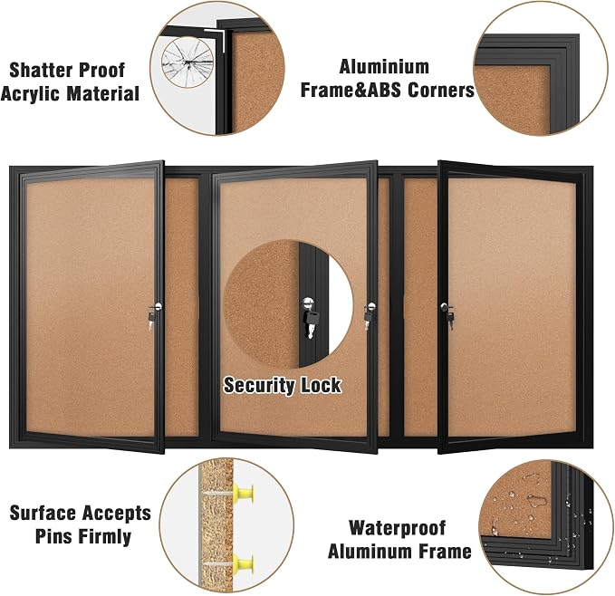 Mifuro 70"x34" Enclosed Bulletin Board, Outdoor Lockable Weather-Resistant Aluminum Cork Noticeboard for School & Office, Black Frame w/Cork