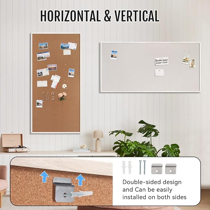 SELEAD Double-Sided Linen and Cork Bulletin Board (48"x24", Oatmeal White) | 2-in-1 Fabric Linen & Cork Pin Board, White Wood Frame Wall Decor Photo Display Vision Board for Home Family, Office, Kitchen