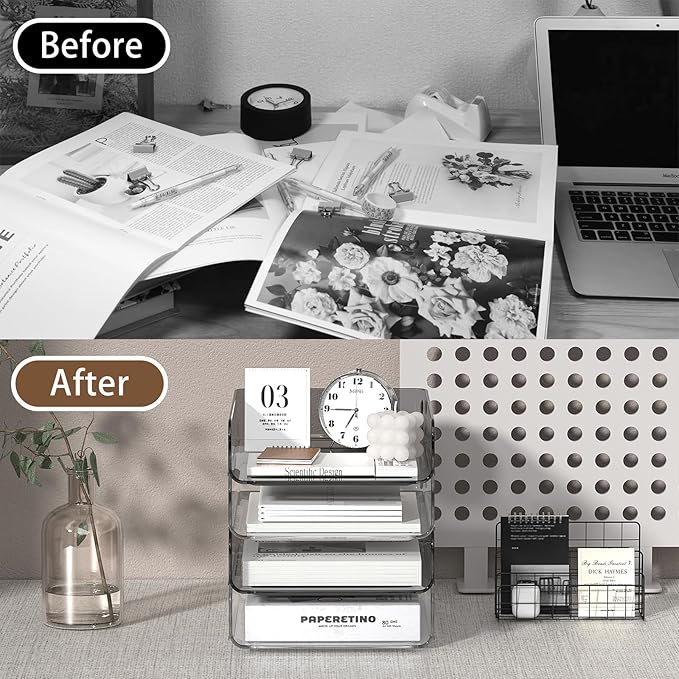 4-Tier Acrylic Paper Tray Organizer | Clear Stackable Desk Organizer for Documents, Letters, A4 Paper | Modern Office/Classroom/Home Organization,Clear&Brown
