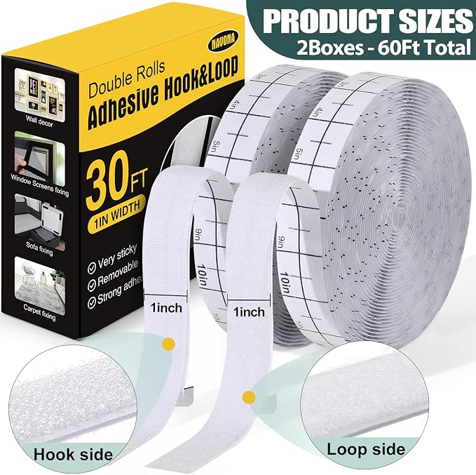 2 Boxes Heavy Duty Hook and Loop Strips with Adhesive, 60Ft Total x 1 Inch Hook and Loop Tape with Backing for Home, Office, School, and Crafting Projects, White