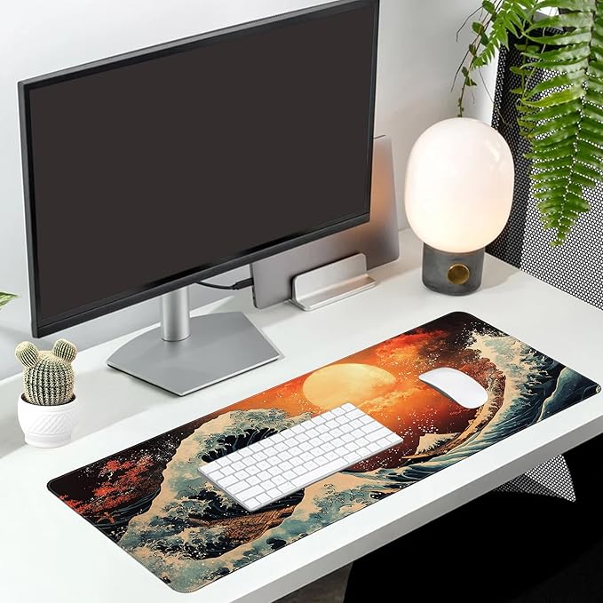 Long Gaming Mouse Pad Extended Anime Large Desk Pad with Non-Slip Base Full Keyboard Mat with Stitched Edges for Gaming and Office 31.5 x 11.8 inches (Orange Wave)