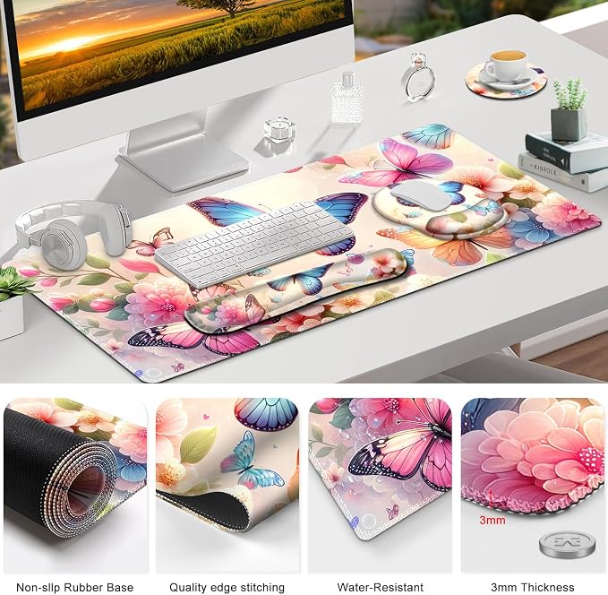 Gaming Mouse Pad, Large Desk Mat, 4in1 XXL Mousepad Cute Desk Pad Protector | Keyboard Wrist Rest+Mouse Wrist Rest+Coaster Set with Ergonomic Desk Pad for Home Office PC Computer, Butterflies Flowers
