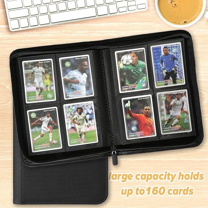 4 Pocket Ringless Side Loading Trading Card Binder, 160 Cards PU Fixed Page Zipper Card Album for TCG Sports Game Cards, Not Fit Top Loaders (Black)