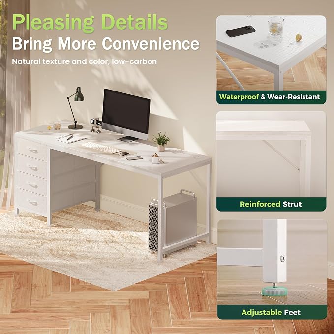 55.1 Inch Computer Office Desk with Power Outelts and USB-C Port, Reversible Gaming Desk with 4 Fabric Drawers, Work Study Desk Work from Home, White