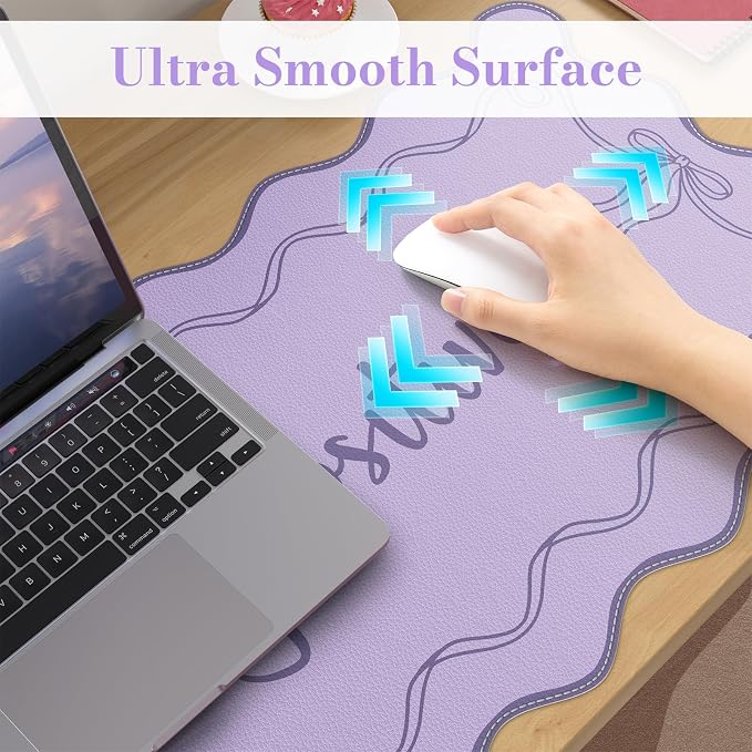 iCasso Purple Office Decor for Women, Scalloped Desk Cover Mat, Large Mouse Pad, Leather Waterproof Accessories Blotter, Non-Slip Mousepad for Organizer Office Dorm Supplies Teacher Girly