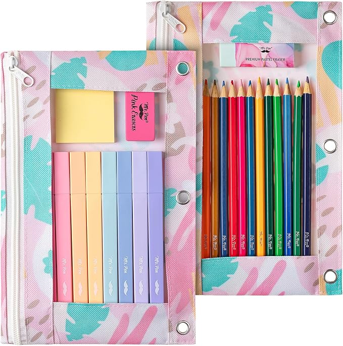 Mr. Pen- Pencil Pouch for 3 Ring Binder, 2 Pack, 10"x6.75", Smooth Zipper | Clear Window, Large Capacity Pencil Case with 3 Reinforced Grommets for School, Office, Supplies Storage