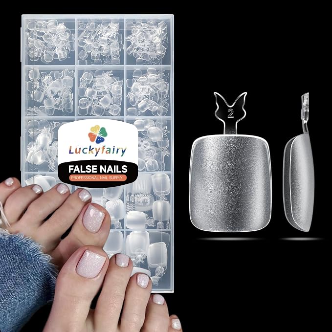 Luckyfairy Square Toe Nail Tips - 360Pcs 15 Sizes Squoval Double Matte | Full Cover Square Oval Soft Gel Fake Toe Nails, Pre-Shape Clear Toe Nail Press Ons For Nail Extensions Home DIY Salon