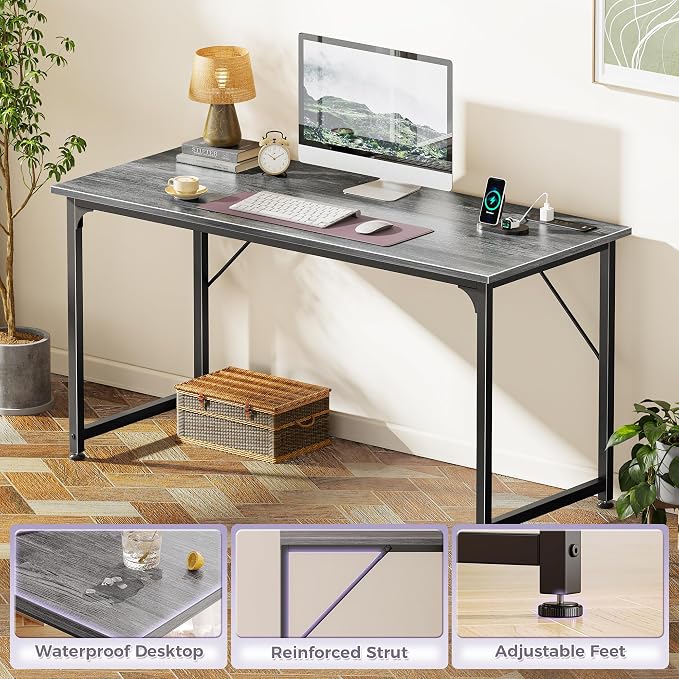 55 X 20 Inch Computer Desk, Power Outlets, USB-C, Grey | Office Desk with 4 AC Outlets, USB & USB-C, Sturdy Metal Frame, Spacious Desktop for Work, Writing, Study & Gaming