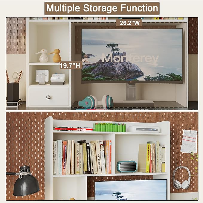 ChooChoo Desktop Bookshelf, 36.4" DormDesk Hutch with 5 Shelves | Countertop Desk Hutch, 1 Drawer,for Computer Desk, Desk Shelf Organizer, Dorm Office Home, White