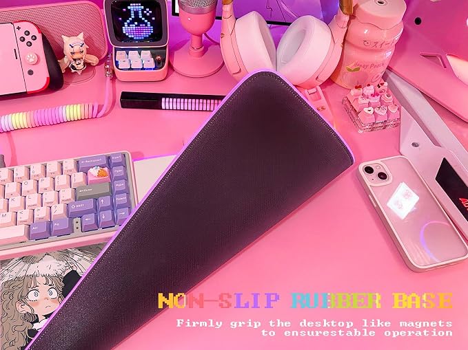 JMIYAV Pink RGB Gaming Mouse Pad 31.5x12 Inch PC XL Large Extended Glowing Led Light Up Desk Pad Non-Slip Rubber Base Computer Cute Mousepad Mat Desk Accessories Gaming Setup Fuzzy Shelter