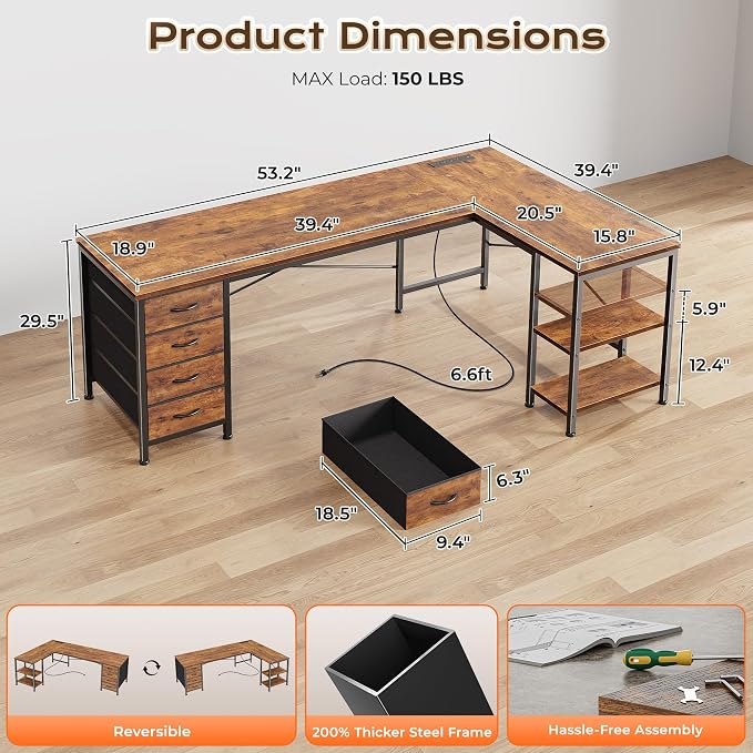 Huuger 55 Inch L Shaped Desk with Fabric Drawers, Reversible Computer Gaming Desk with Power Outlets and USB-C Port, Adjustable Side Storage Shelves, for Work Corner Home Office, Rustic Brown