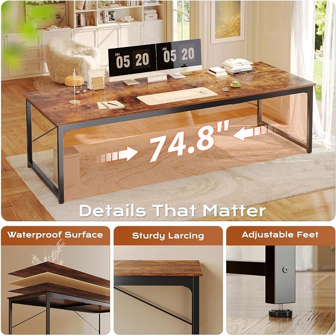 78.7 X 29.5 Inch Computer Desk with Deeper Desktop, Long Gaming Office Writing Work Desk for Home Office, Study, Bedroom, Work from Home, Metal Frame, Rustic Brown