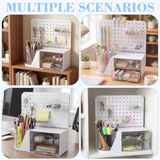 Novabright Desk Organizer with Drawers, Rotating Pen Holder with 5 Slots & Pegboard, Back to School & First Day of School Gifts, Multifunctional Desktop Storage for Desk Home Office Supplies(White)