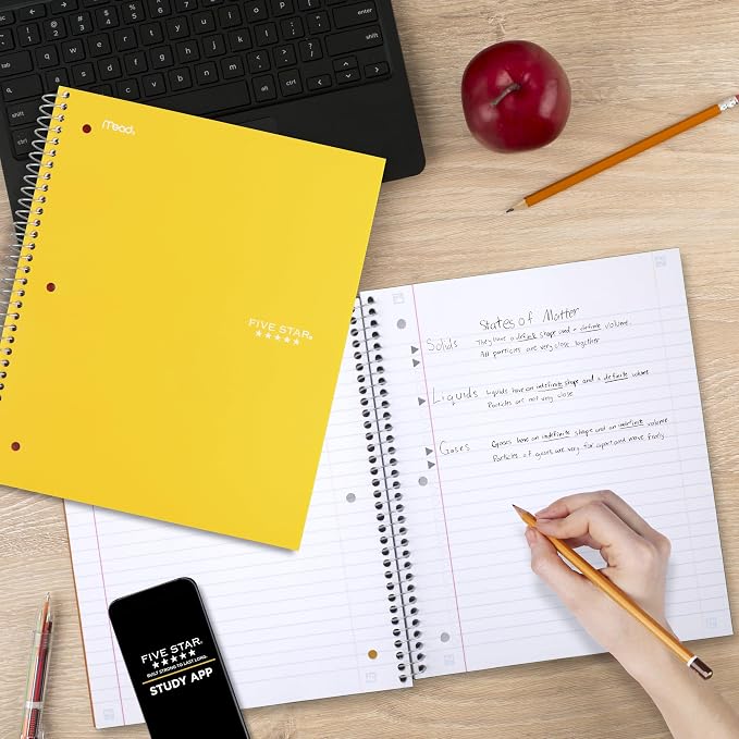 Five Star Spiral Notebook + Study App, 3 Subject, Wide Ruled Paper, 8" x 10-1/2", 150 Sheets, Fights Ink Bleed, Water Resistant Cover, Harvest Yellow (73463) (Pack of 6)