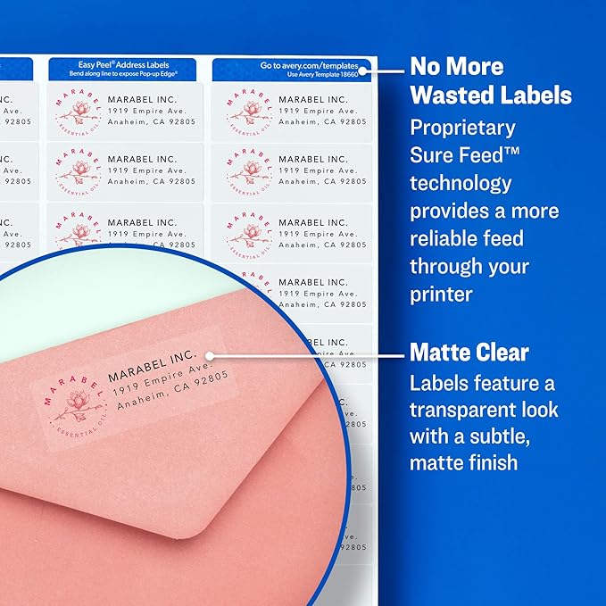 Avery Printable Shipping Labels with Sure Feed, 2" x 4", Matte Clear, 100 Blank Mailing Labels (18863)