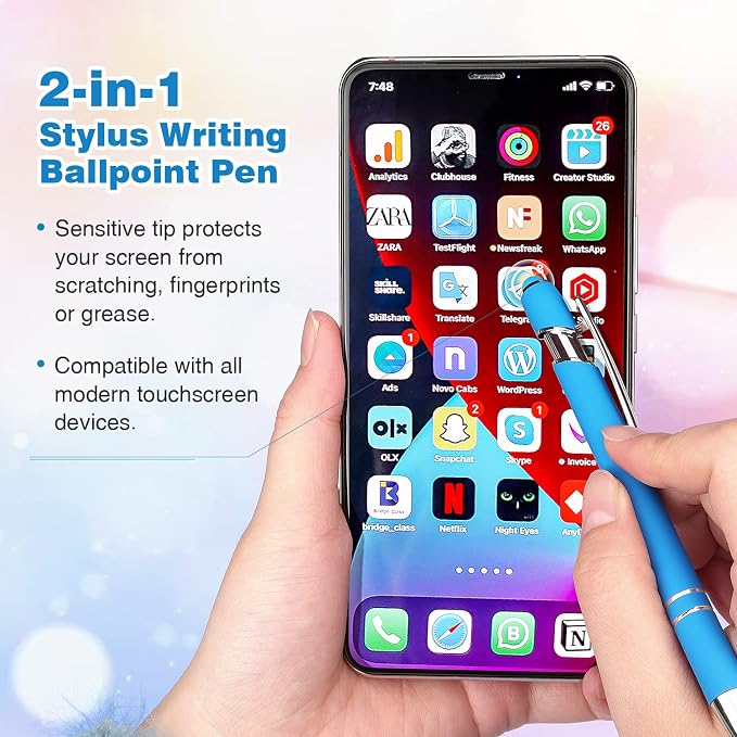 Bribobo 8 Pack Ballpoint Pen 2-in-1 Stylus, 1.0 mm Black Ink | Retractable Ballpoint Pen with Stylus tip, Metal Stylus Pen for Touch Screens